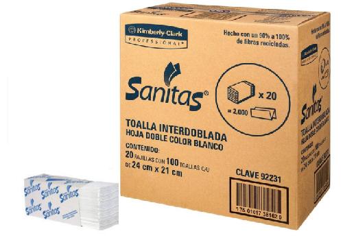 sanitas, tolla interdoblada, con 2000 pzs. con 20 paquetes de 100 pzs hoja doble